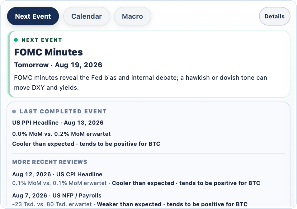 Next event and reviews of completed macro events